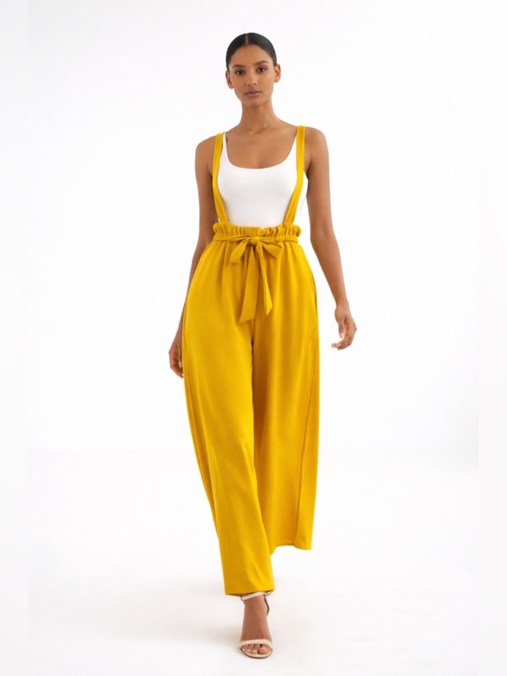 High-Waist Mustard Suspender Wide-Leg Jumpsuit M